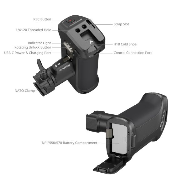 Smallrig Poignée latérale rotative avec déclencheur pour certaines caméras Canon et Blackmagic Design